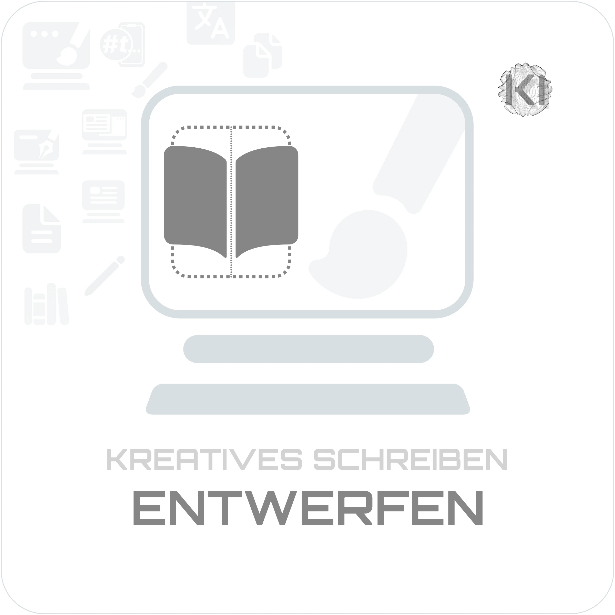 Texte – ENTWICKELN: 3 Punkte am Display mit Pinsel als Symbol zum Buch schreiben und Manuskript erstellen