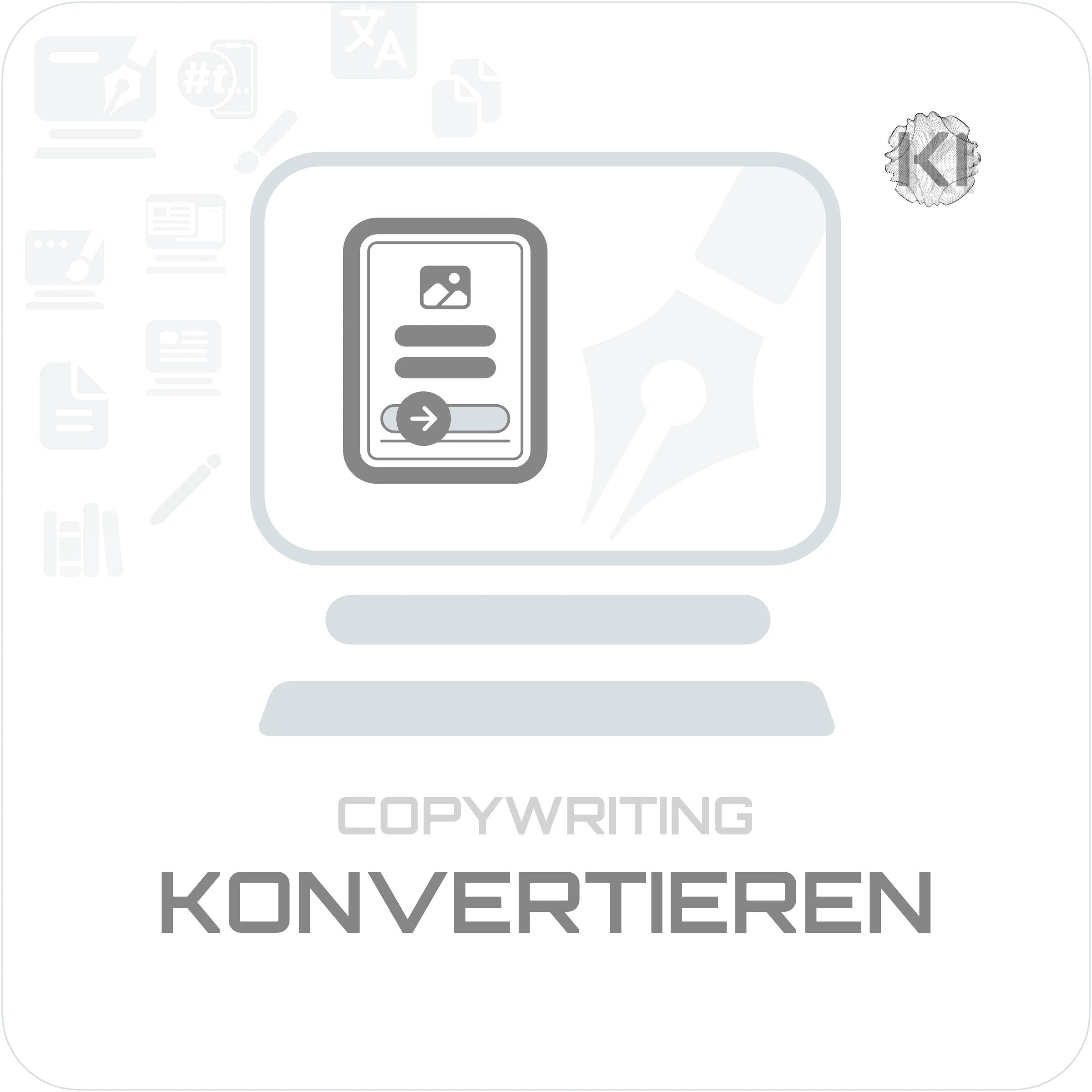Texte – KONVERTIEREN: Monitor mit Füllhalter-Spitze als Symbol für strukturierte Inhalte mit klarer Handlungsrichtung