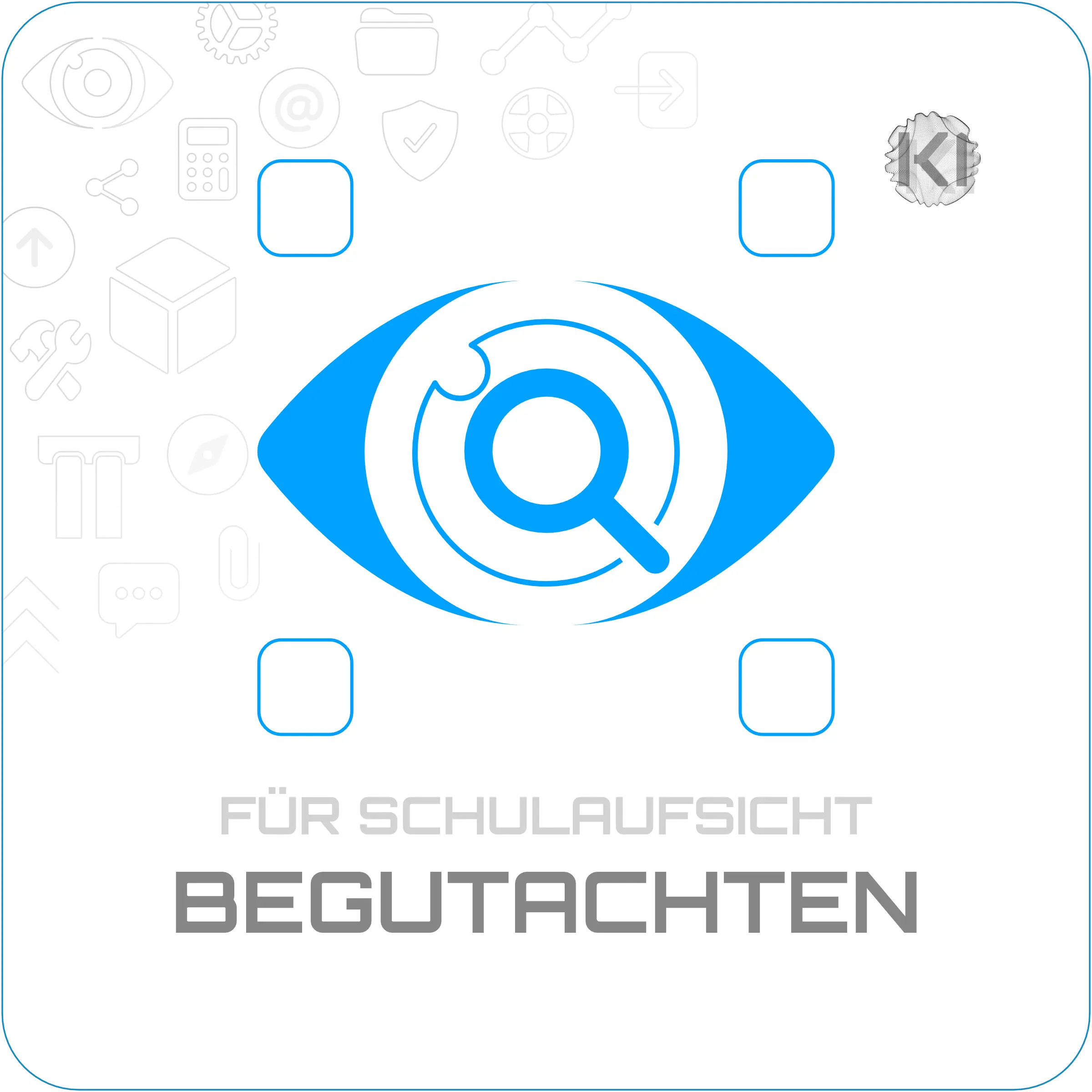 Für Schulaufsicht – Begutachten: Lupe im Auge als Metapher für sachliche Prüfung und rechtssichere Bewertung.
