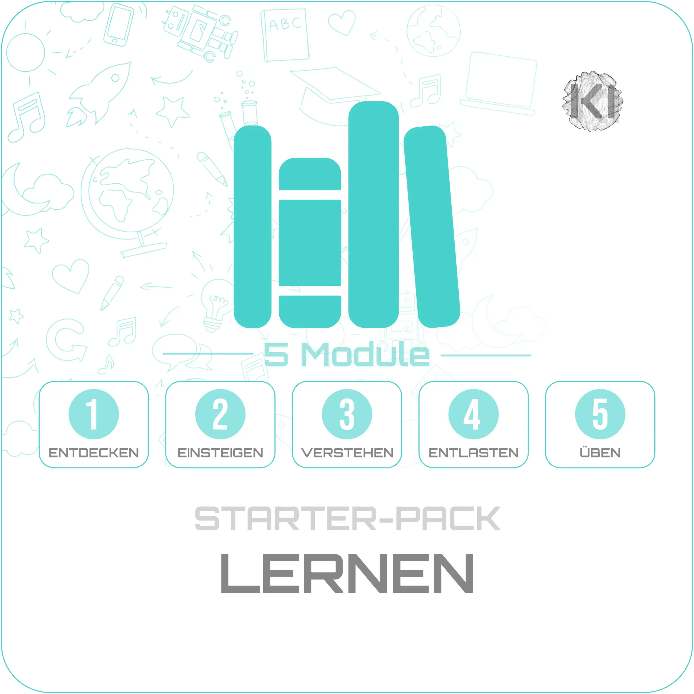 Starter-Pack LERNEN – 5 Module: Bücher-Icon und Modulreihe zeigen einfache KI-Prompts zum Entdecken, Einsteigen, Verstehen, Entlasten und Üben.