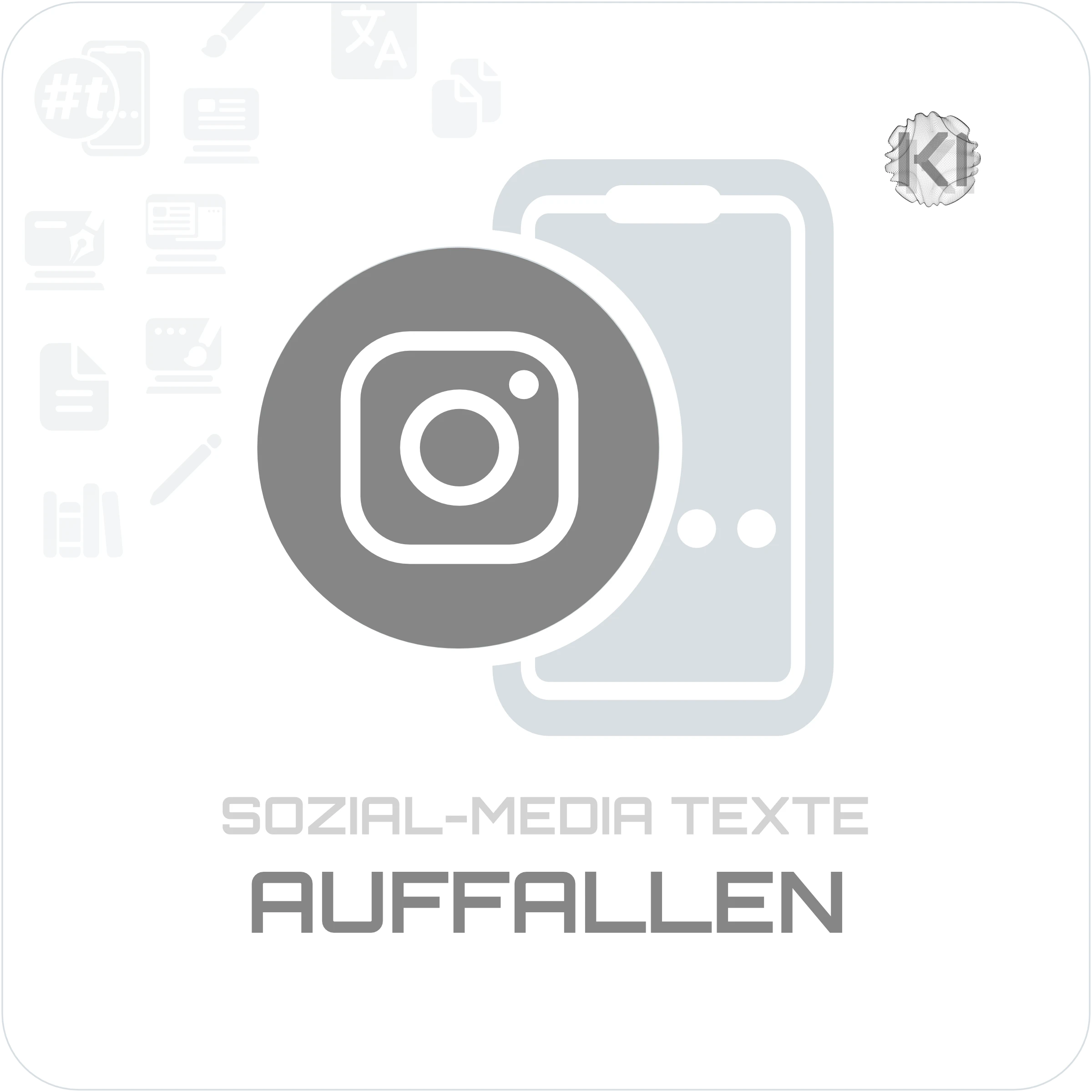 Texte – AUFFALLEN: Raute, kleines t im Kreis und Handy als Symbol für prägnante Captions im Social-Media-Kontext