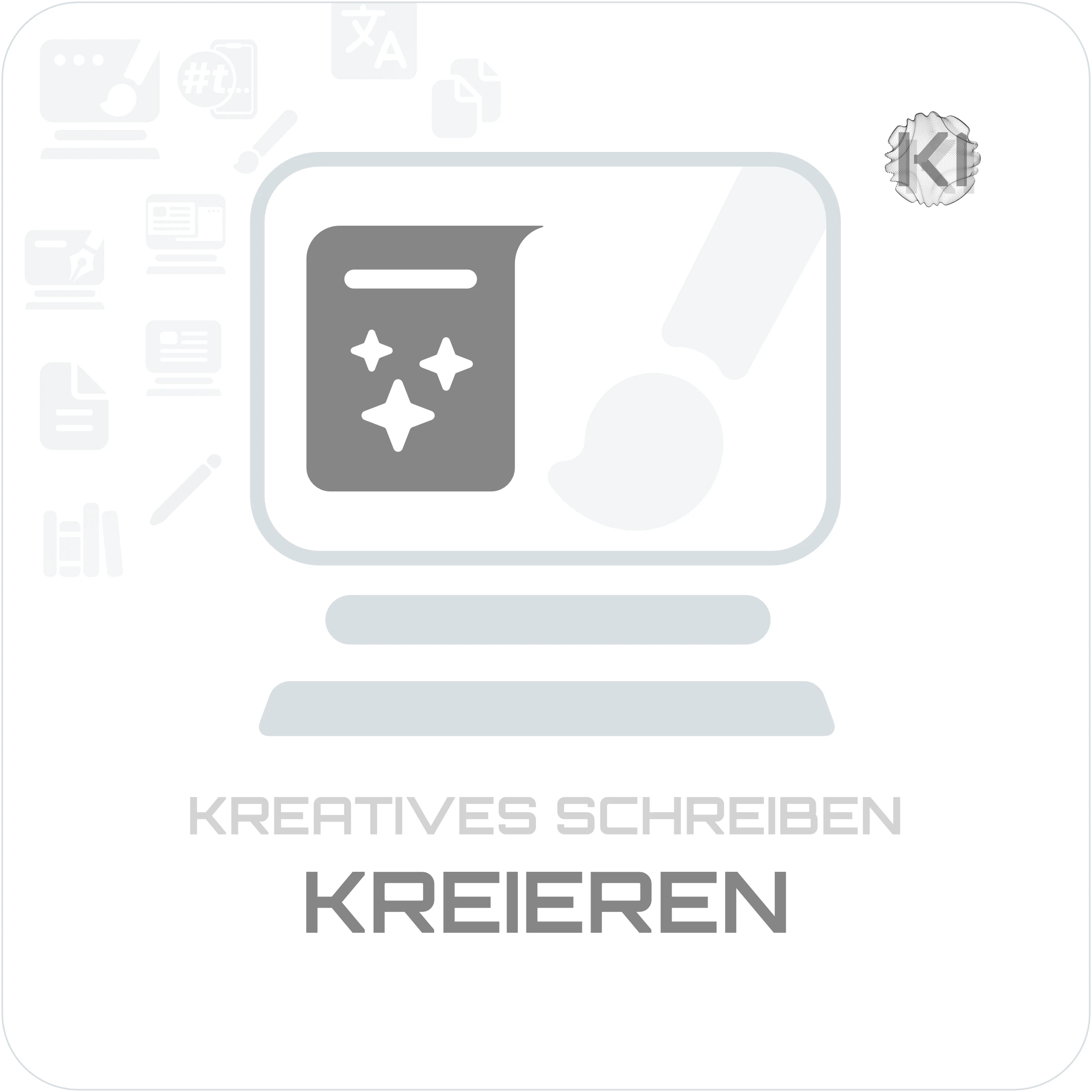 Texte – KREIEREN: 3 Punkte am Display mit Pinsel als Symbol für eigene Geschichten und kreative Erzählentwicklung