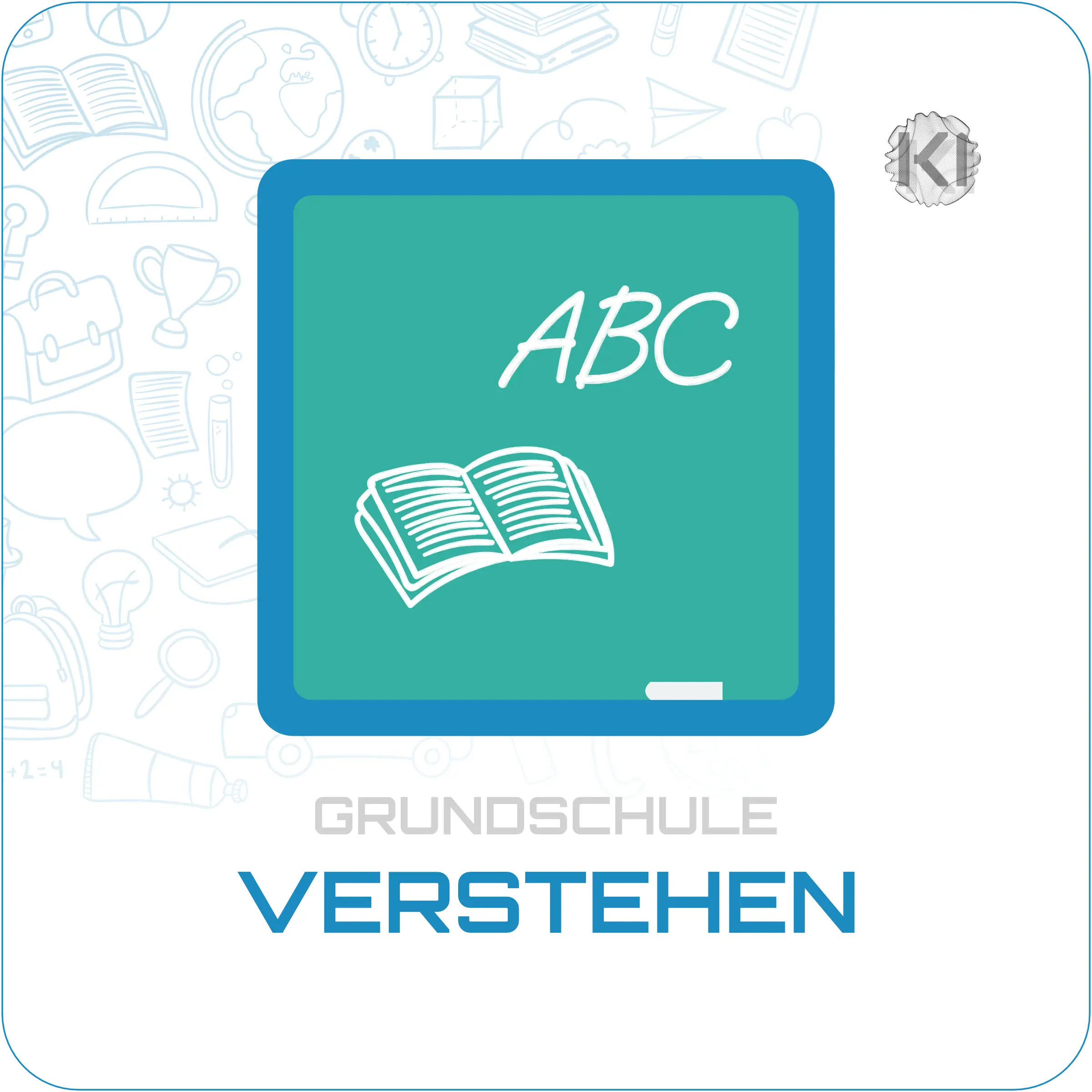 Grundschule – Verstehen: Buch- und Stiftsymbol steht für Lesen und Schreiben, Grundlagen des Textverständnisses für den Schulalltag