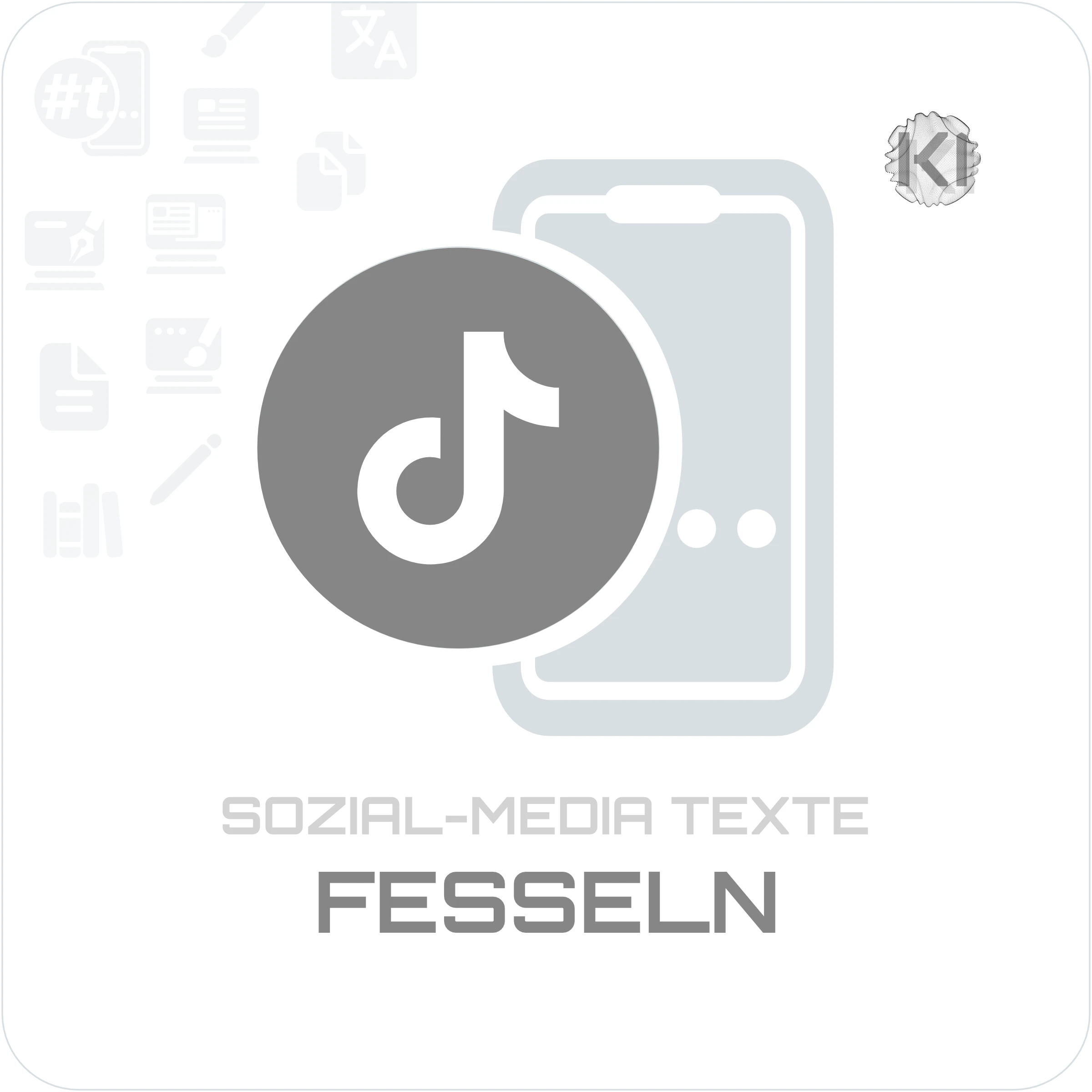 Texte – FESSELN: Raute, kleines t im Kreis und Handy als Symbol für kurze Hooks und direkte Ansprache in Videos