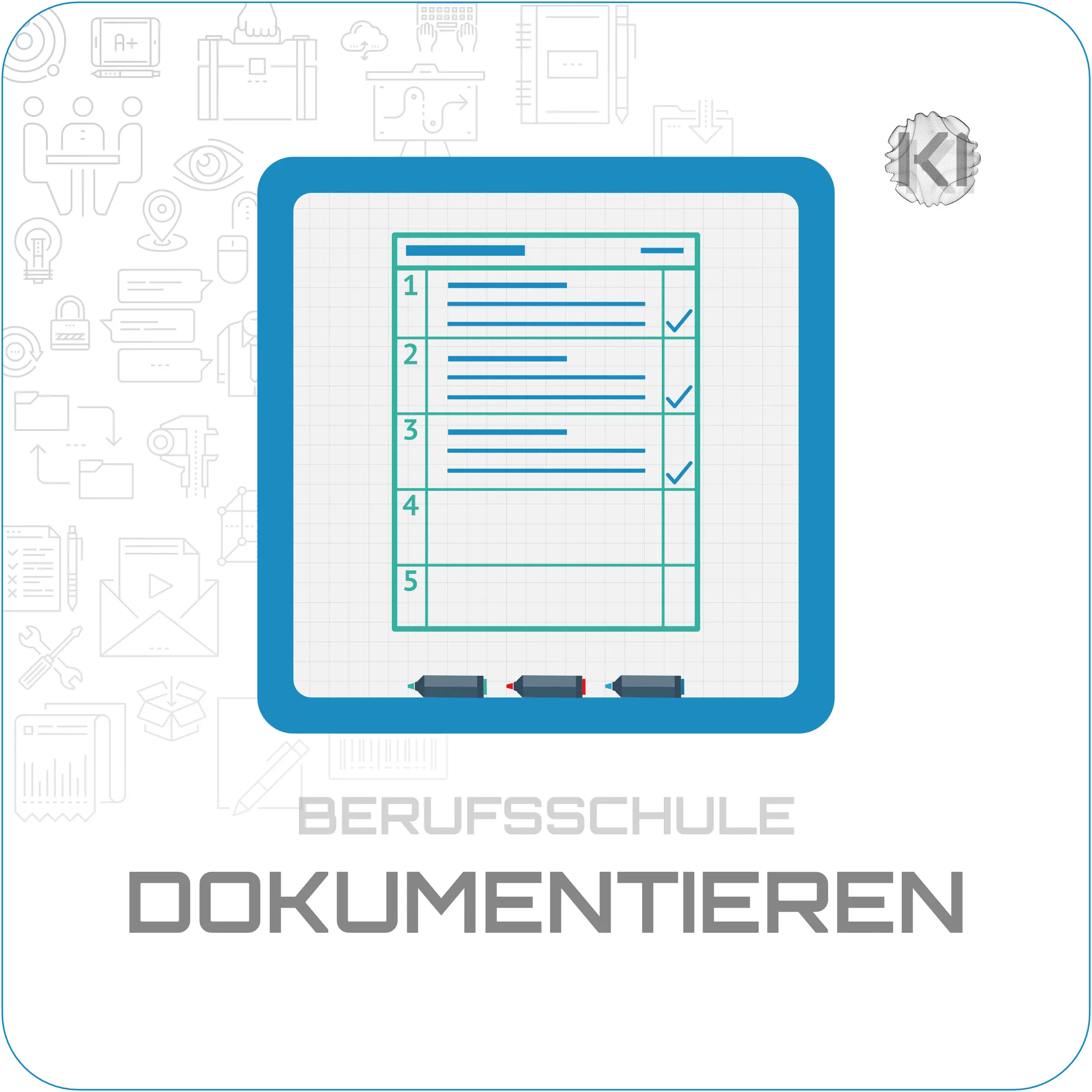 Berufsschule – Dokumentieren: Dokument- und Listensymbole als Metapher für Berichtshefte und Ausbildungsnachweise