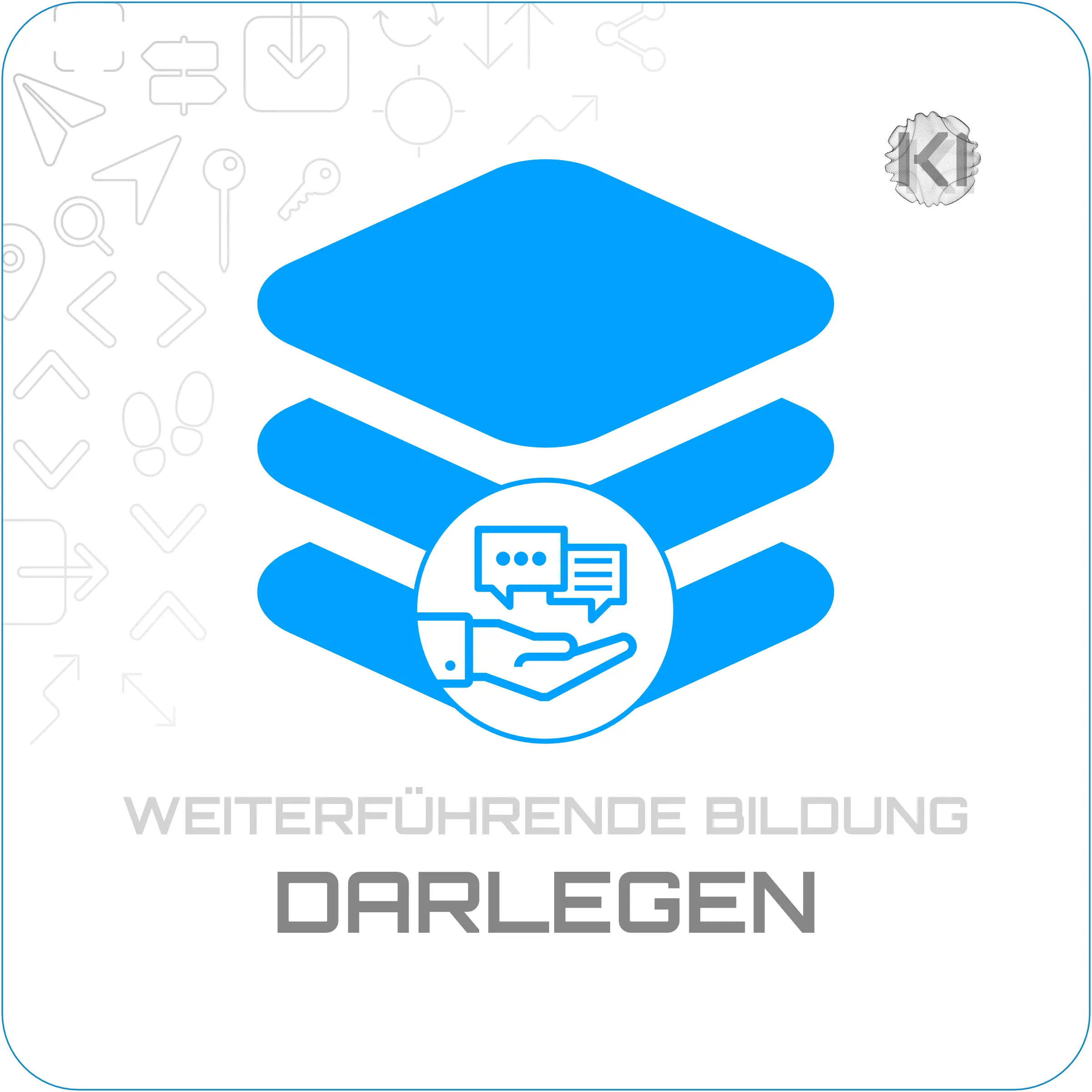 Weiterführende Bildung – Darlegen: Sprechblasen über einer offenen Hand als Metapher für verständliches Darstellen und Argumentieren.