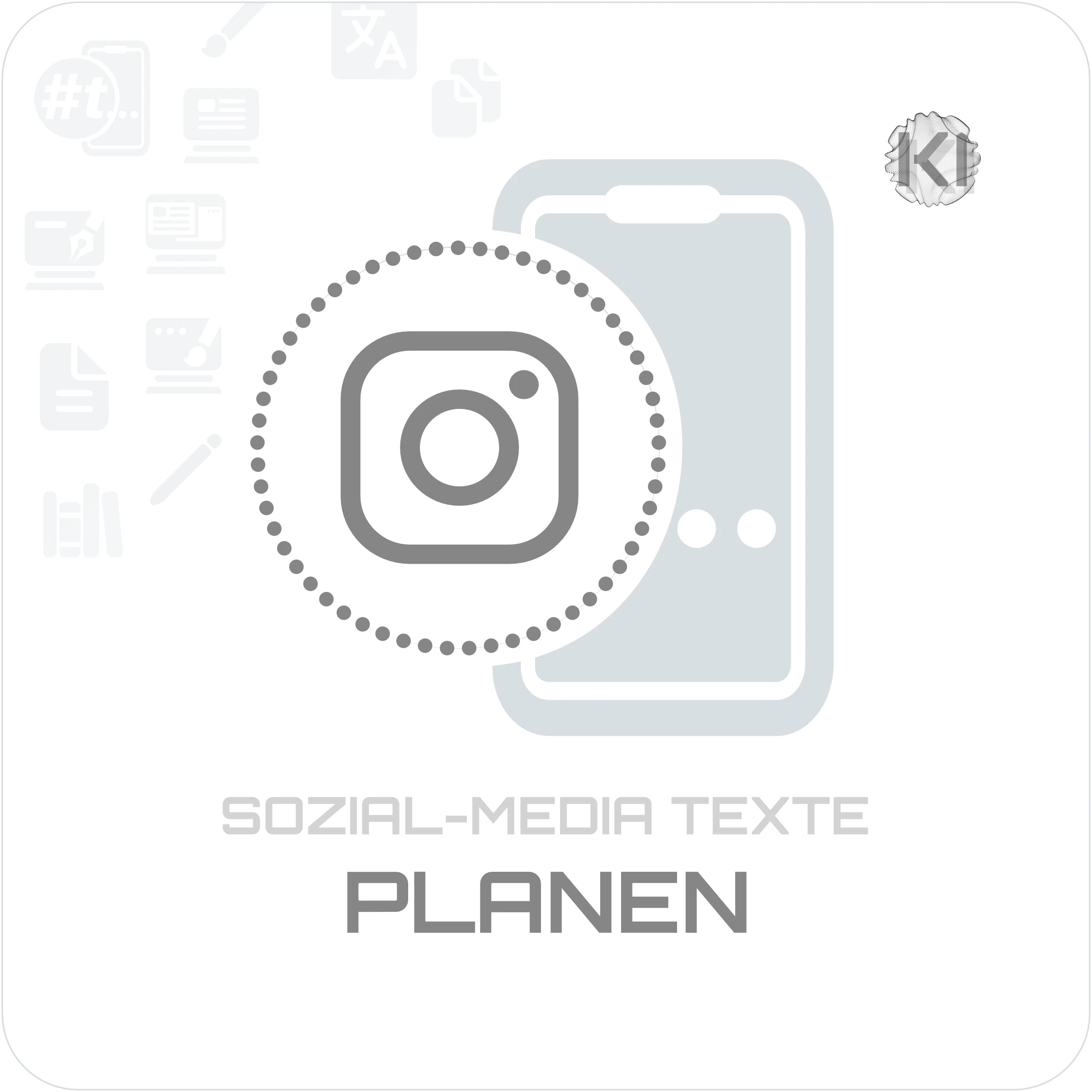 Texte – PLANEN: Raute, kleines t im Kreis und Handy als Symbol für kreative Ideen und abwechslungsreiche Story-Inhalte