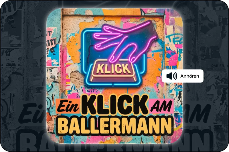 KI-generiertes Coverbild zu „Ein Klick am Ballermann“ mit Neon-Klicksymbol und bunter Party-Ästhetik