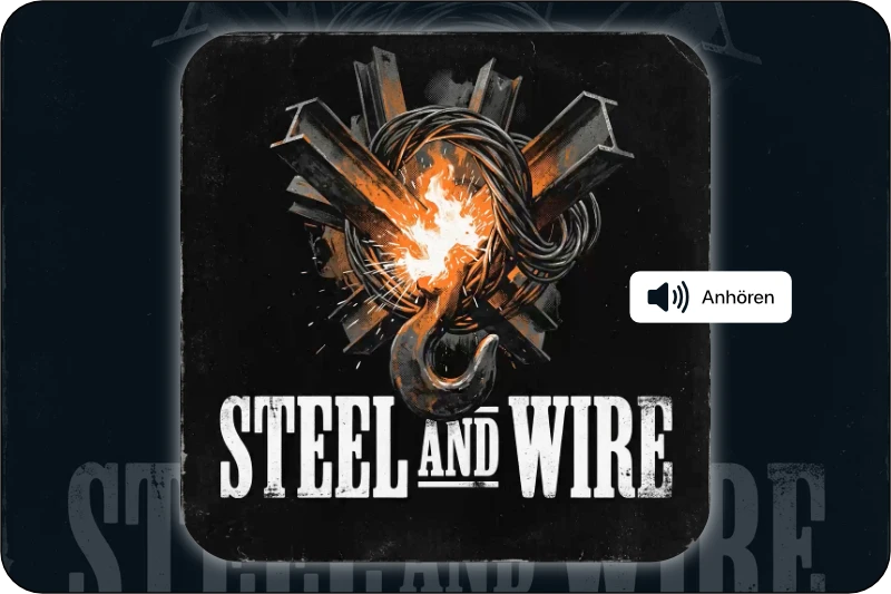 KI-generiertes Coverbild zu „Steel and Wire“ mit Stahl, Kabeln, Feuer und kraftvoller Rock-Optik
